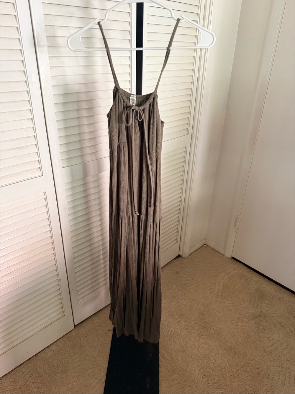 mahina Olive Green Crinkled Maxi Dress with Tie Waist